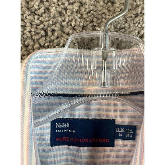 Mark & Spencer Button Up Shirt Mens Medium 15 1/2 Blue White Striped FLAW - Picture 4 of 14